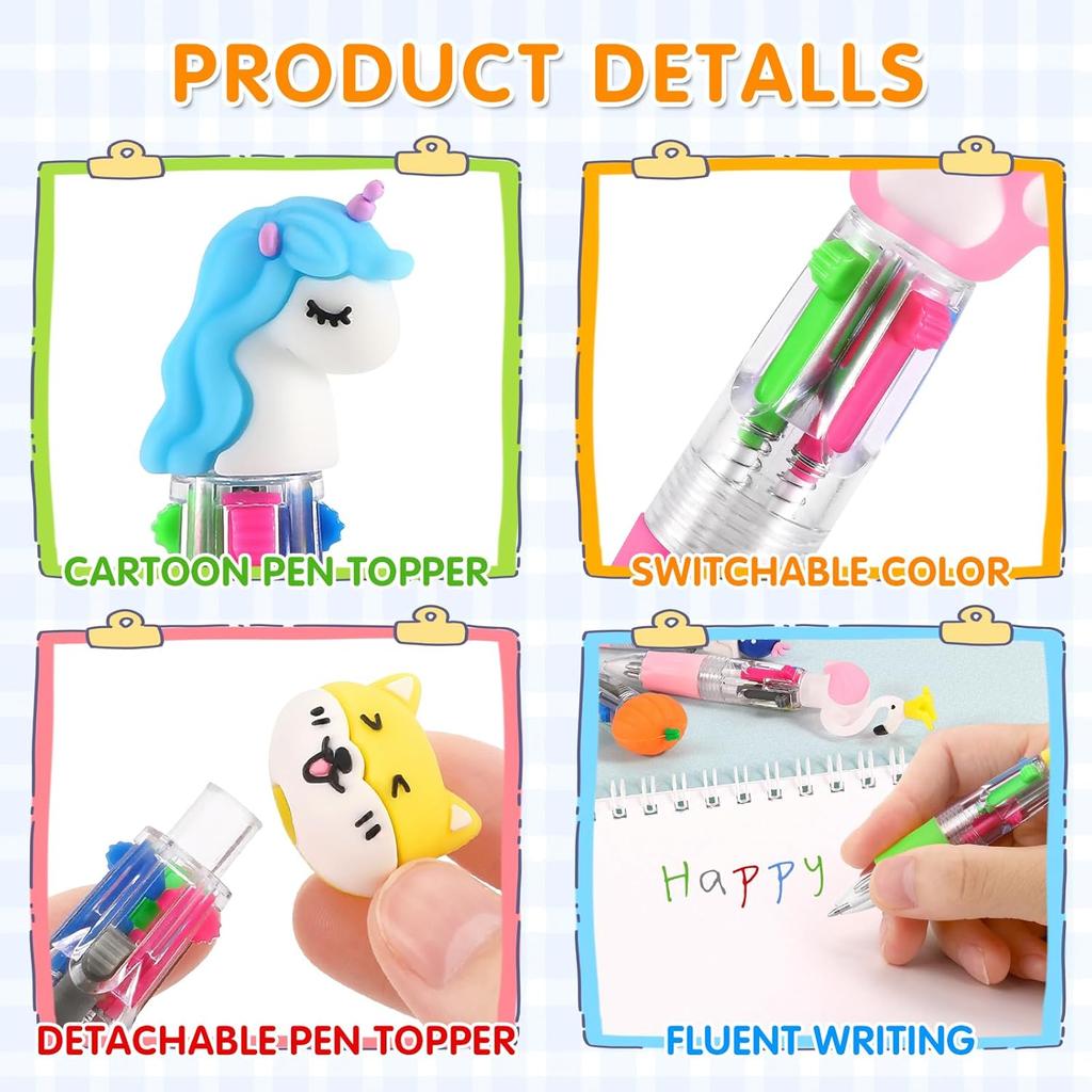 arscniek 40Pcs Multicolor Pen in One, 4-in-1 0.5mm Fine Point Cute Pens, Fun Kawaii Ballpoint Pen for Children's Party Favors, Classroom Prizes,