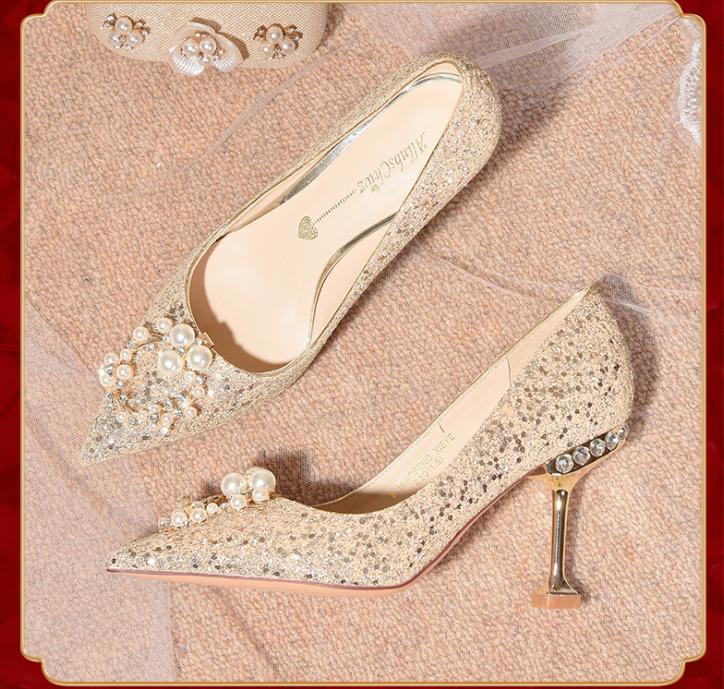 Women Dress shoes Stiletto Bridal Wedding High Heels Luxury Pearl Sequins Heels Champagne Gold Wedding Shoes Pointed-toe Pumps