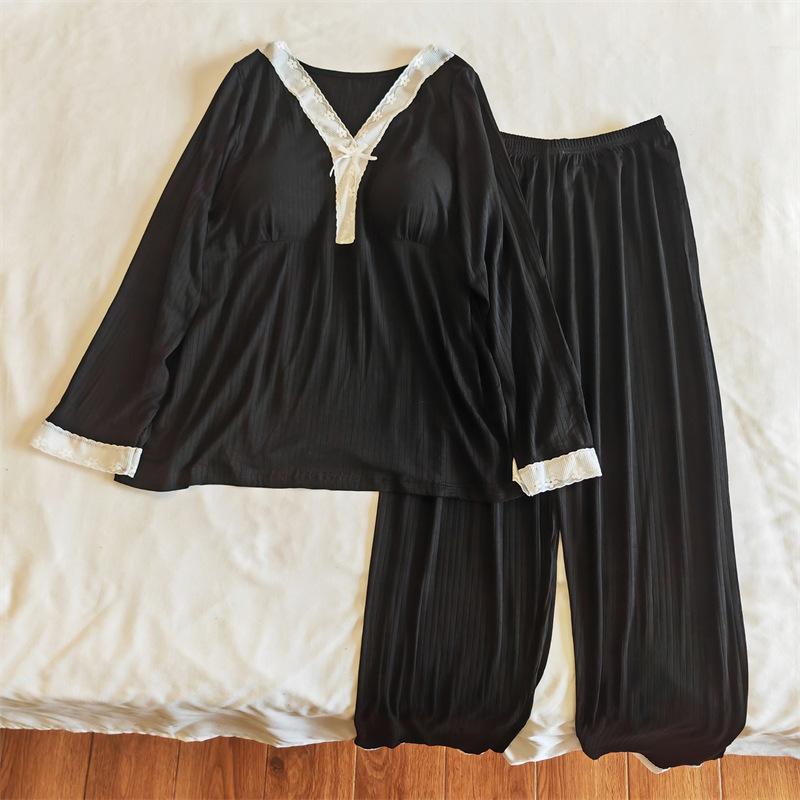 

Модал Женская мягкая пижама осенняя сексуальная кружевная V-образная горловина с длинным рукавом брюки комплект свободная повседневная принцесса стиль домашняя одежда женская пижама 2XL чёрный