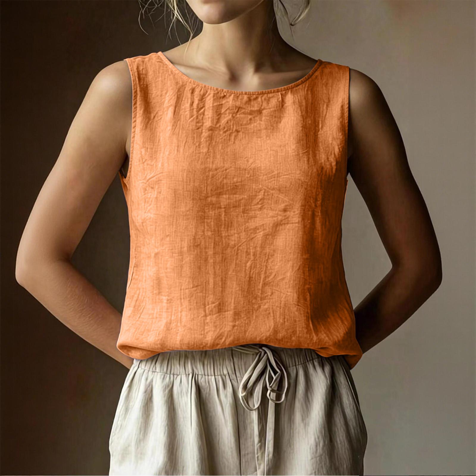 

Women Sleeveless Tank Top Loose Fit Casual Round Neck Cotton Linen Blouse Summer Lightweight Breathable Sleeveless Shirt L шафрановый
