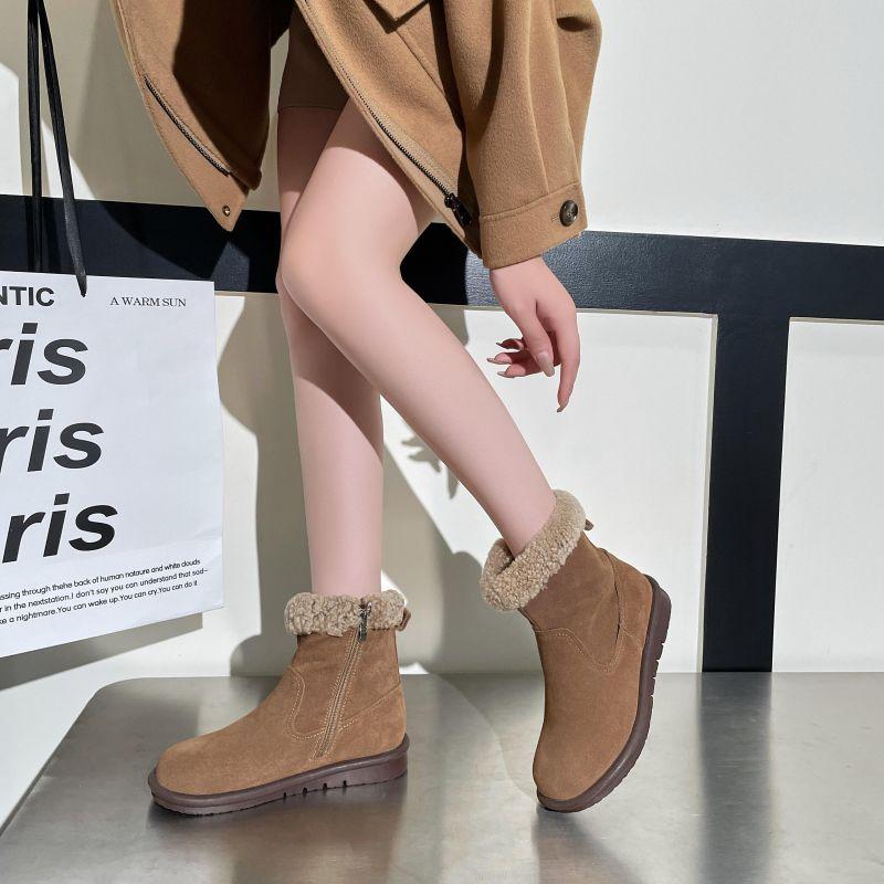 Leather Snow Boots Wool Mouth Short Boots Women's Autumn and Winter Fleece Cotton Boots Side Zipper Retro Flat Boots
