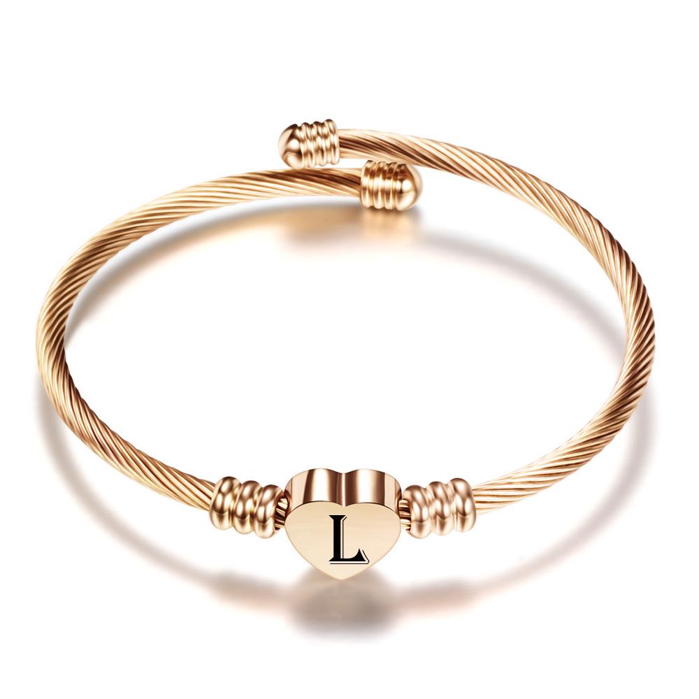 Rose Gold Heart-Shaped Stainless Steel Cable Bracelet with 26 Letter Options