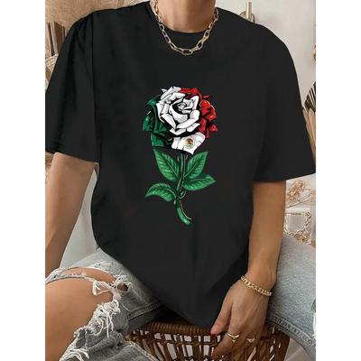 Flower Rose Print Crew Neck T-shirt, Casual Short-sleeved T-shirt, Suitable for Spring and Summer, Women's Clothing