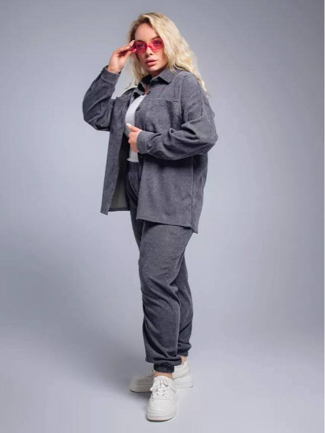2025 Retro Plus Size Corduroy Shirt and Pants Set for Women