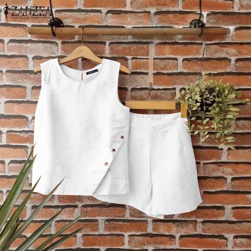ZANZEA Ensemble deux pièces pour femmes, col rond, sans manches, poches à boutons, couleur unie, hauts et shorts amples, été