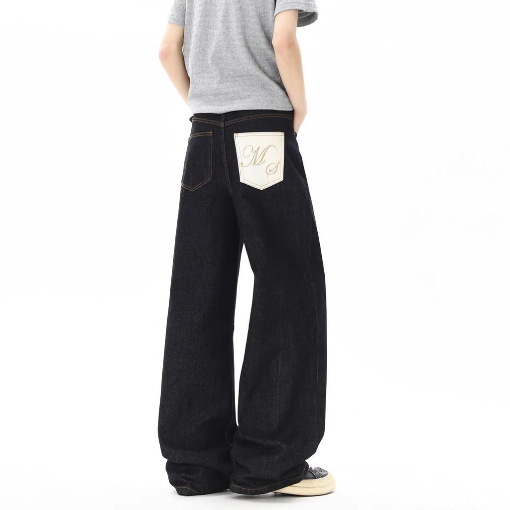 American Primary Color Jeans Men's Trendy Brand New Retro Splicing High-end Wide-leg Casual Trousers