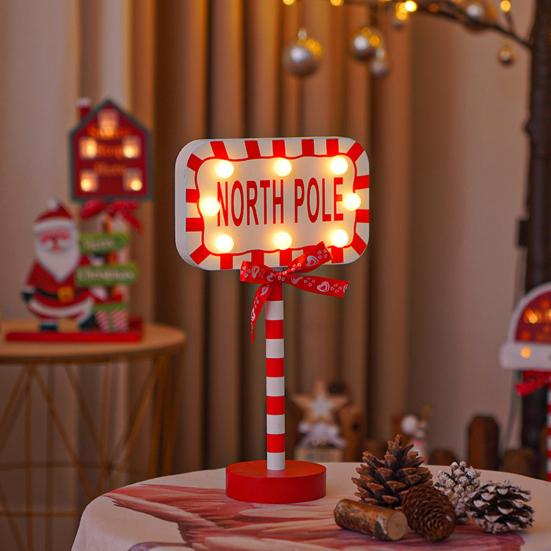 Christmas Street Sign Light with Bowknot Santa Stop Here North Pole Letter Vintage Reusable Xmas Holiday Decoration Desktop Guideboard LED Lamp