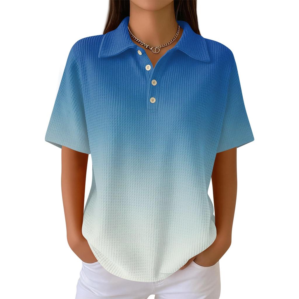 Polo Décontracté à Manches Courtes pour Femme en Tricot Gaufré Col Boutonné Coupe Ample Haut Léger pour un Usage Quotidien