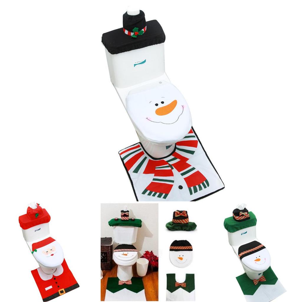 Christmas Themed Santa Claus Snowman Pattern Toilet Cover Three Piece Set For Holiday Bathroom Decor