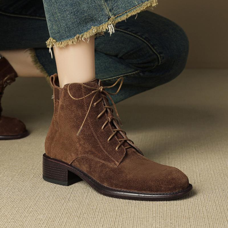 Fashion NEW Autumn Women Boots Cow Suede Leather Shoes for Women Round Toe Chunky Heel Shoes Casual Lace-up Zip Short Boots Daily Shoes