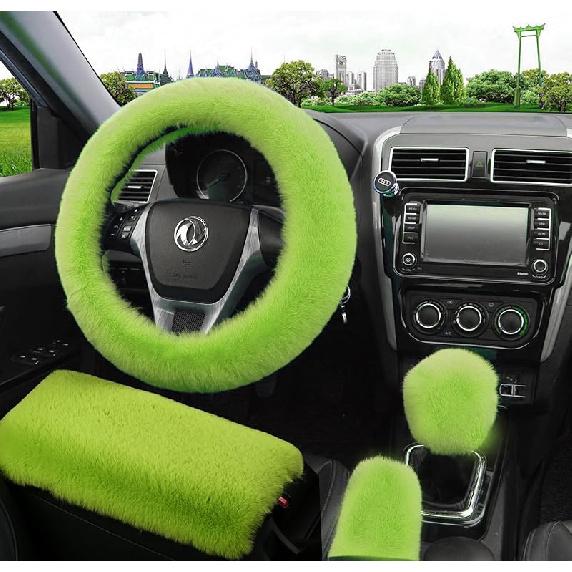 Dotesy 4 Pcs/Set Fluffy Faux Wool Car Steering Wheel Cover & Furry Auto Center Console & Gear Shift Knob & Handbrake Cover Universal Warm Winter