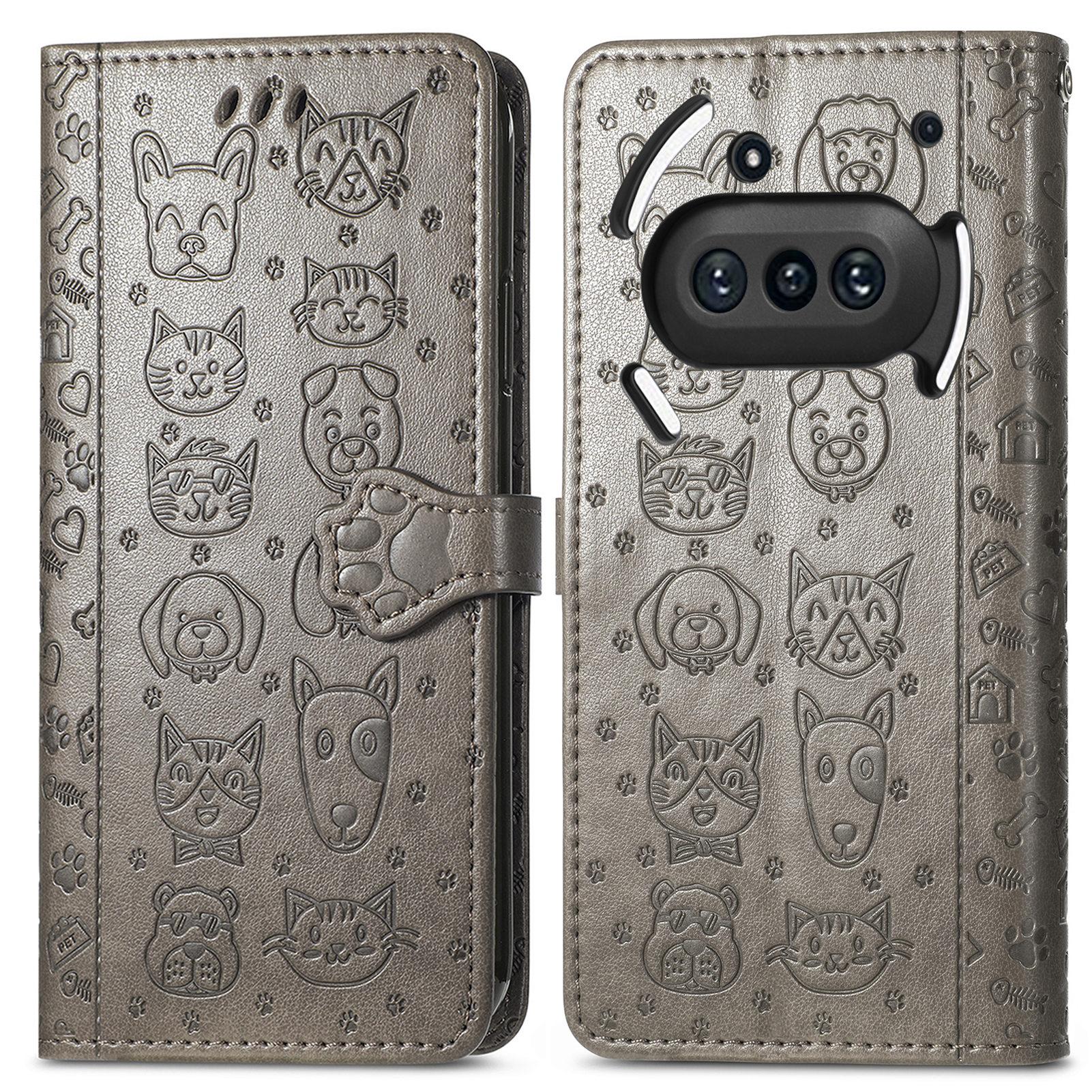 

For Nothing Phone (3a) Leather Wallet Case Flip Phone Cover with Cute Cat Dog Pattern Grey