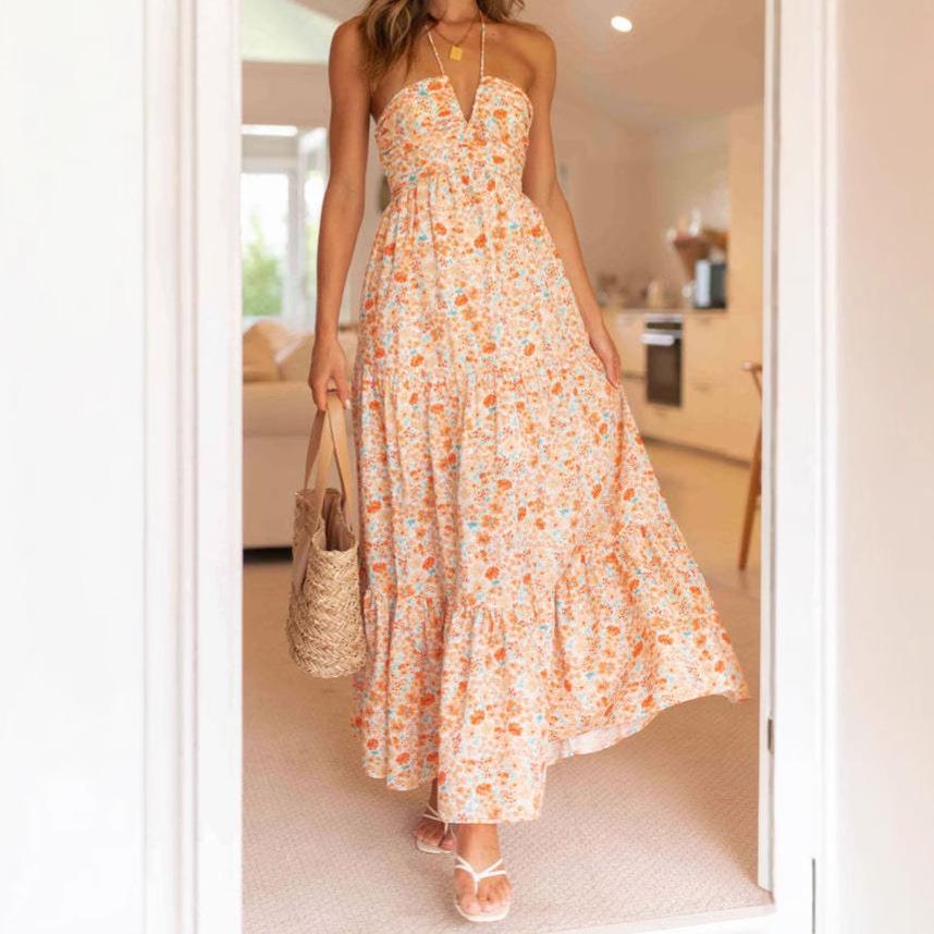 

Women s Floral Print V-Neck Tiered Ruffle Hem Sundress, Strappy Summer Dress with Slit 2XL