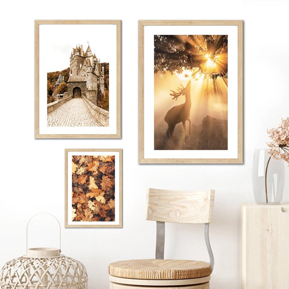 Autumn Deer Castle Fallen Leave Poster Pier Plant Forest Print Wall Art Pictures Canvas Painting For Living Room Home Decor