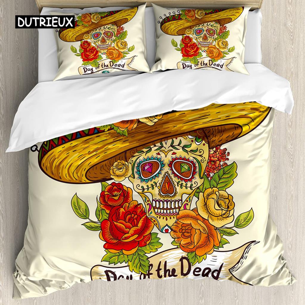Sugar Skull Comforter Cover Set Teen Girl Bedding Set,Sugar Skull Decor Bedding Skull Roses Floral Print Duvet Cover Set