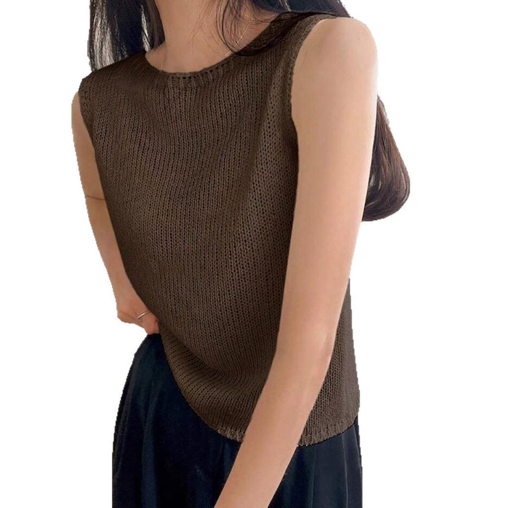 Damski dzianinowy top bez rękawów z okrągłym dekoltem, letni minimalistyczny sweter kamizelka