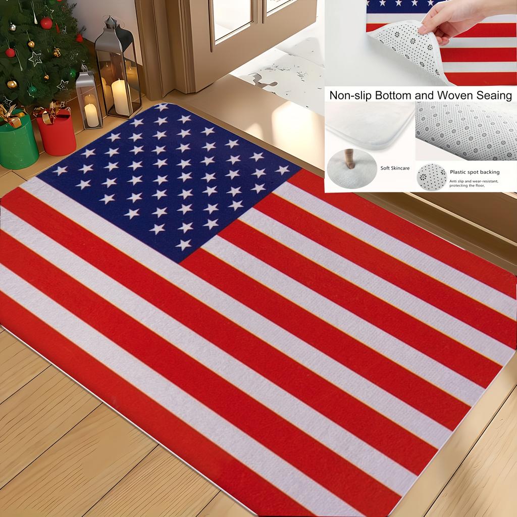 American Flag Striped Bath Mat, Non-Slip Flannel Memory Foam Rug, Patriotic Design for Bathroom Shower Entrance,Machine Washable