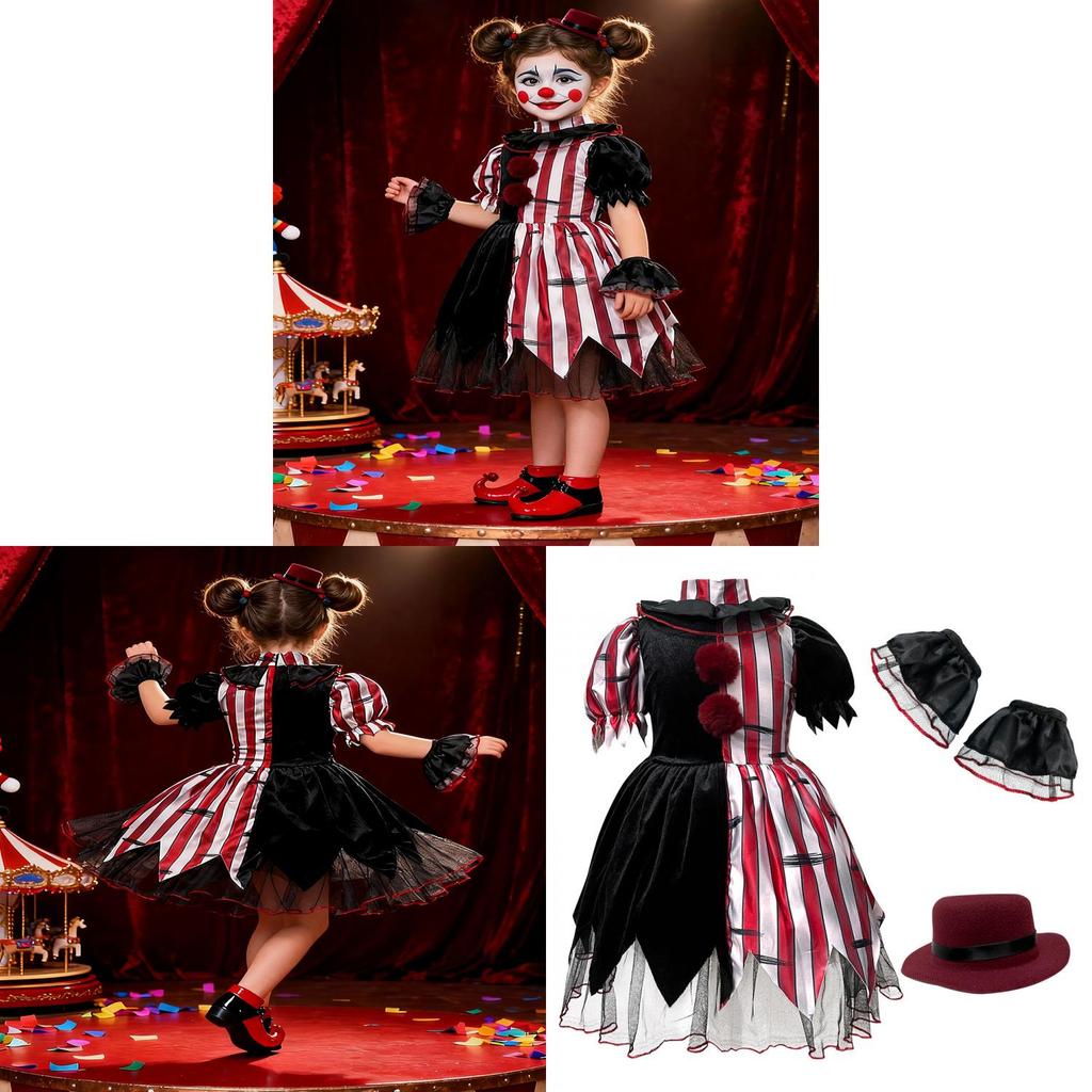 Polyester Halloween Costume For Girls With Clown Mask And Stage Accessories For Kids Halloween Party