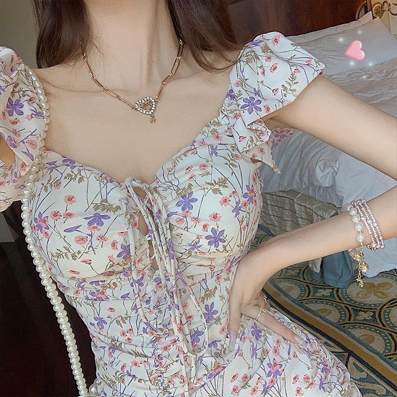 Summer Dress Women's Feminine Low-cut Slim Hip Pleated Floral Chiffon Skirt