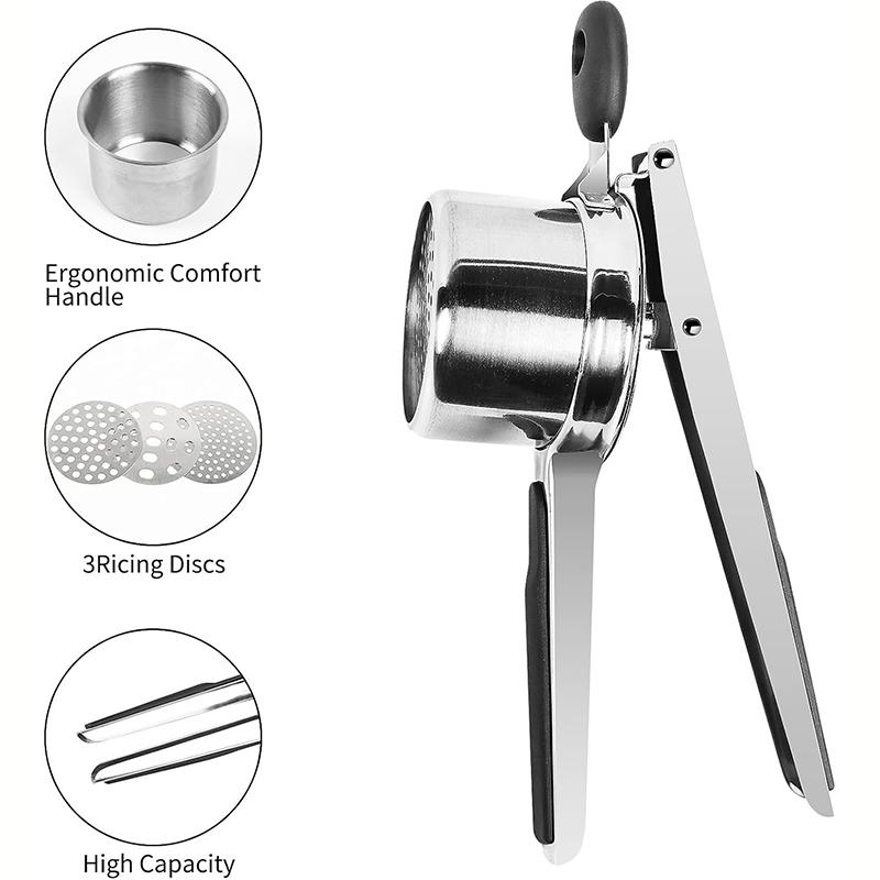 Potato Masher Stainless Steel with 3 Interchangeable Fineness Discs Spaetzle Maker Creates Smooth Creamy Mashed Potato