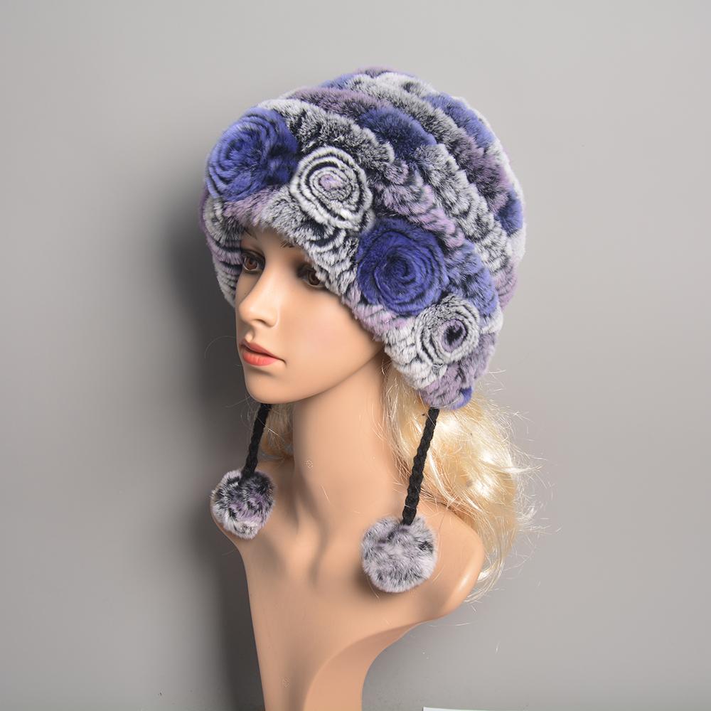 Winter Hats for Girls Women's Fur Hat Real Rex Rabbit Cap Floral Knitted Hat with Balls Skulls Beanies 55-59cm