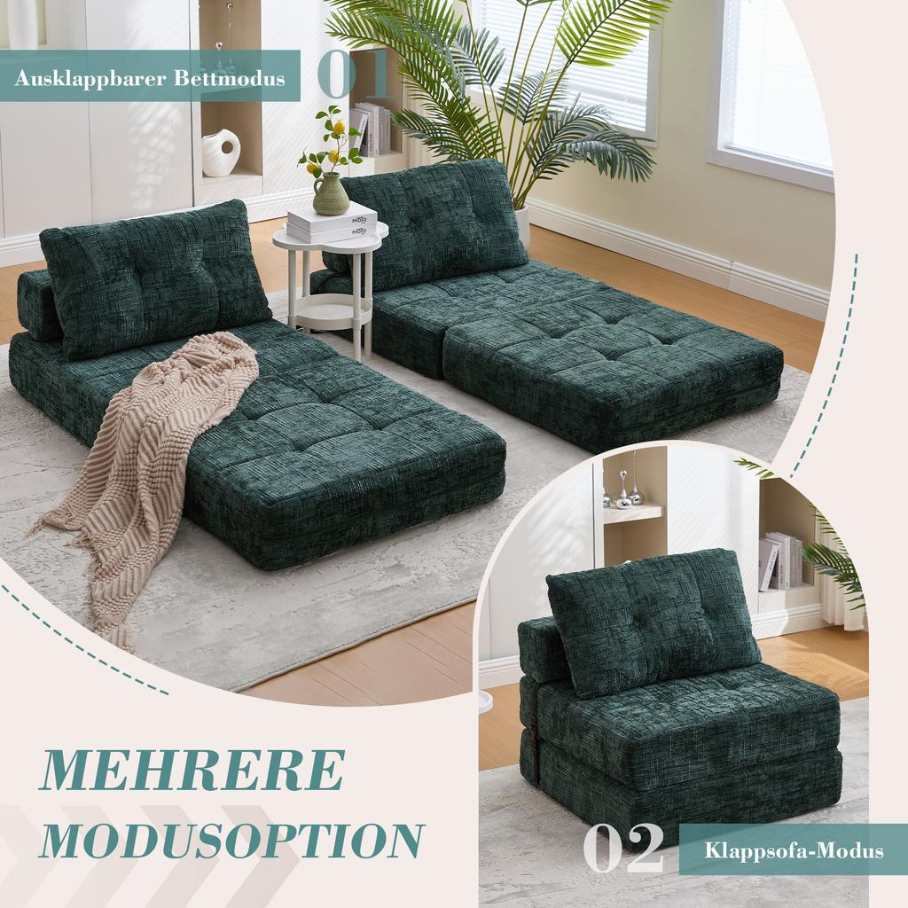 Foldable Sofa Bed with Cushions, Foldable Mattress with Backrest, Comfortable Floor Sofa for Living Room and Bedroom (Dark Green Chenille)
