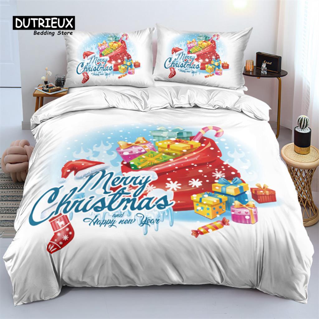 Merry Christmas White Bedding Set King Queen Full Twin Size Microfiber Bedroom Decorative 3D Print Duvet Cover With Pillowcases