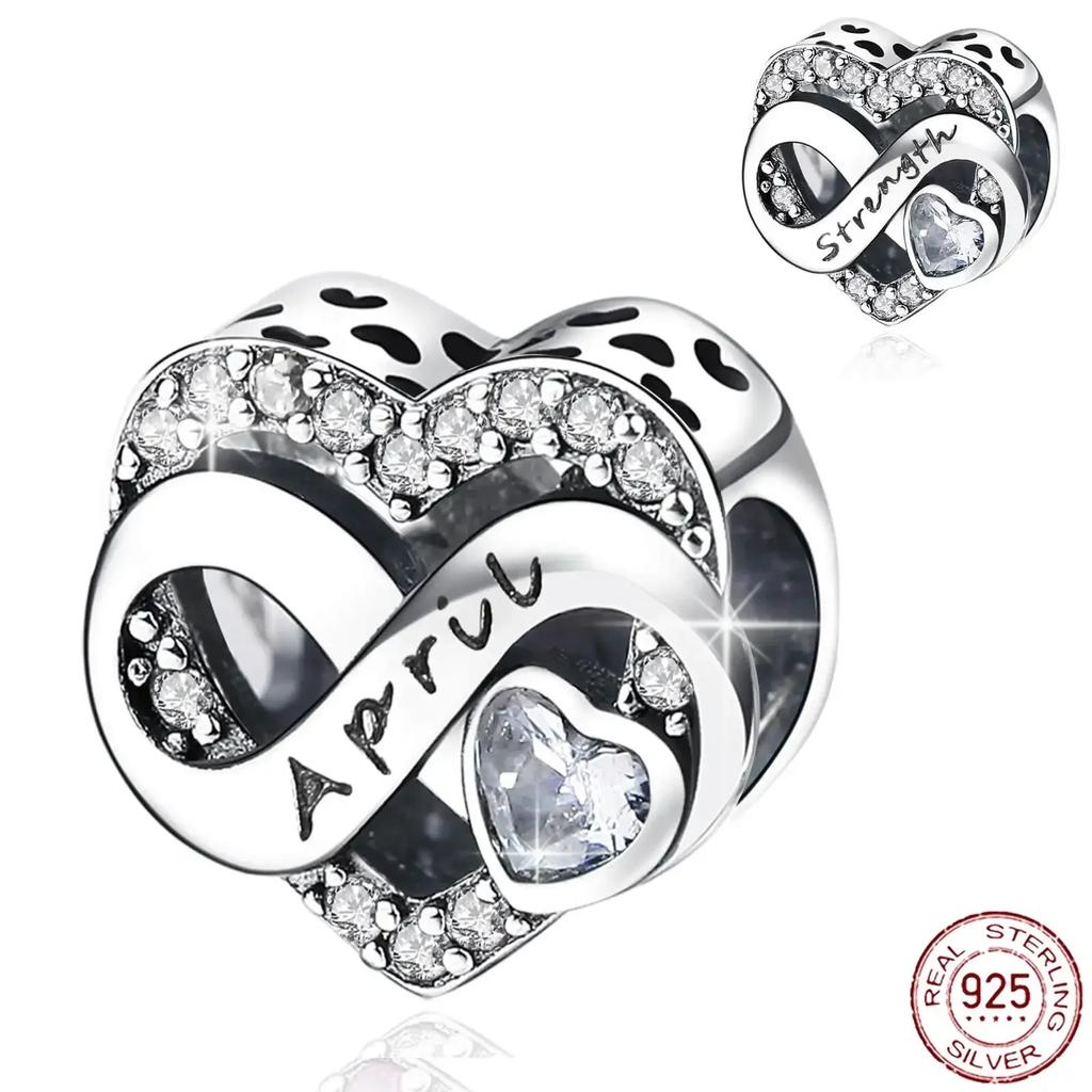 925  Silver January-December Birthday Stone Love Zircon Pendant Bead Fit Charms Necklace Bracelet Women Jewelry DIY Gift