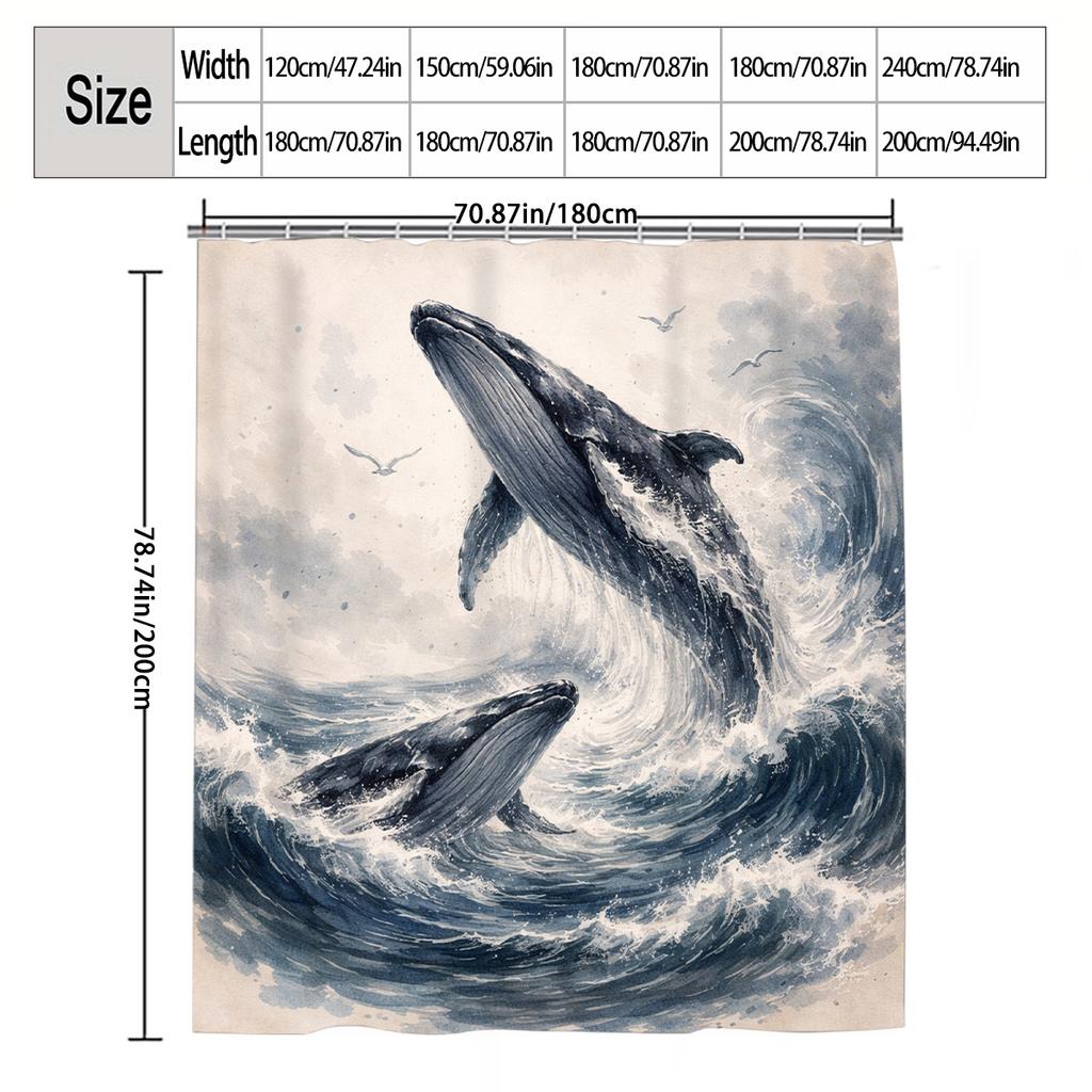 Watercolor Double Whale Breaching Illustration Shower Curtain 1Pc With 12 Hooks For Bathroom Home Decor Polyester 70.8X70.8 Inch