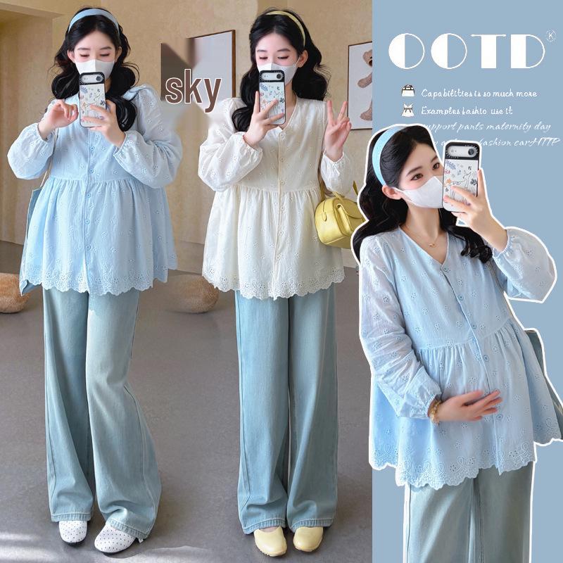 2026 Spring Maternity V-Neck Embroidered Doll Shirt – French Korean Style Loose Top