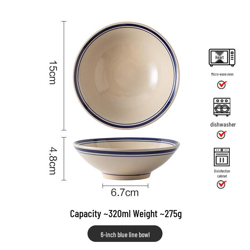 Vintage Blue Line Ceramic Serving Bowl