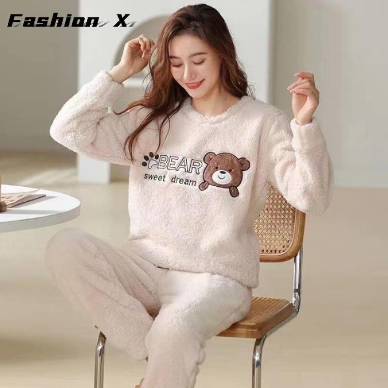 Thickened Warm Large Size Padded Fall and Winter Women's Pajamas Top and Pants Set Coral Velvet Ladies Cartoon Bear 2PCS/Set