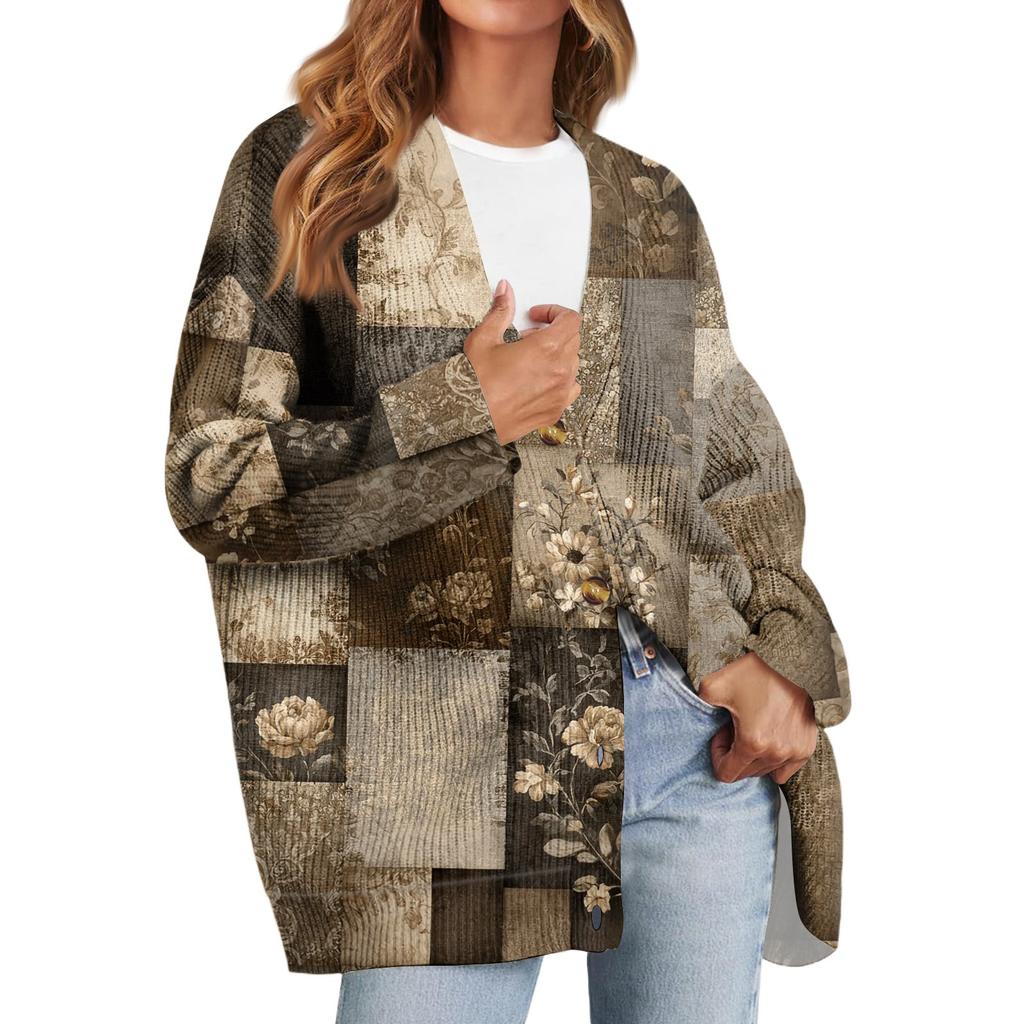 Women's Fashion Long Sleeve Print V-Neck Button Loose Cardigan Top