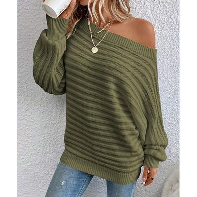 Women Off Shoulder Striped Jacquard Knitted Loose Sweater Long Sleeve Solid Color Casual Pullover Green