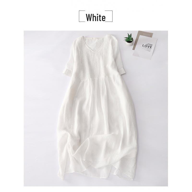 V-neck Retro Accordion-Pleated Dress – Literary Design In Solid Color Ramie, Slim Fit, Long Skirt for Women