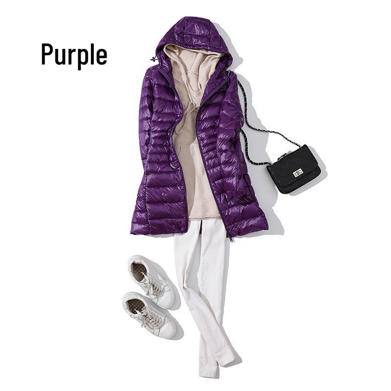 Women's Mid-Length Lightweight Hooded Down Jacket - 2025 Autumn/Winter Slim Fit Plus Size Outerwear
