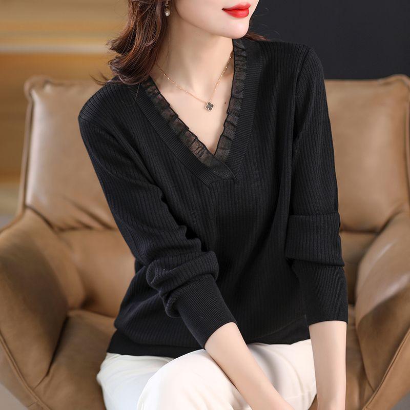 Moda de Primavera y Otoño Encaje Cuello en V Manga Larga Suéter de Punto Suéter Fino Top Camiseta Base para Mujer