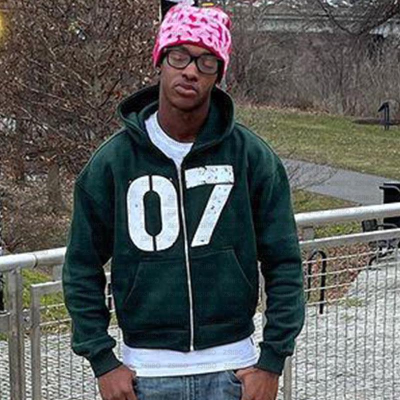 European & American Trendy Hooded Cardigan: Street Hip Hop Style Sweatshirt with Digital 07 Print