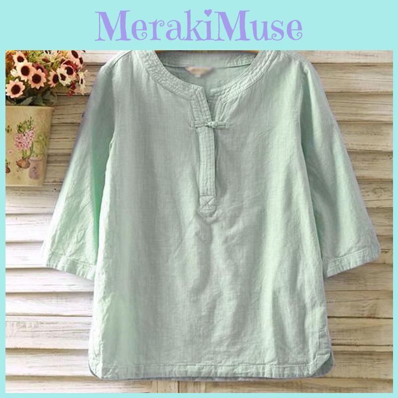 Premium Womens Vintage Cotton Linen Blouse With 3/4 Loose Sleeve Top