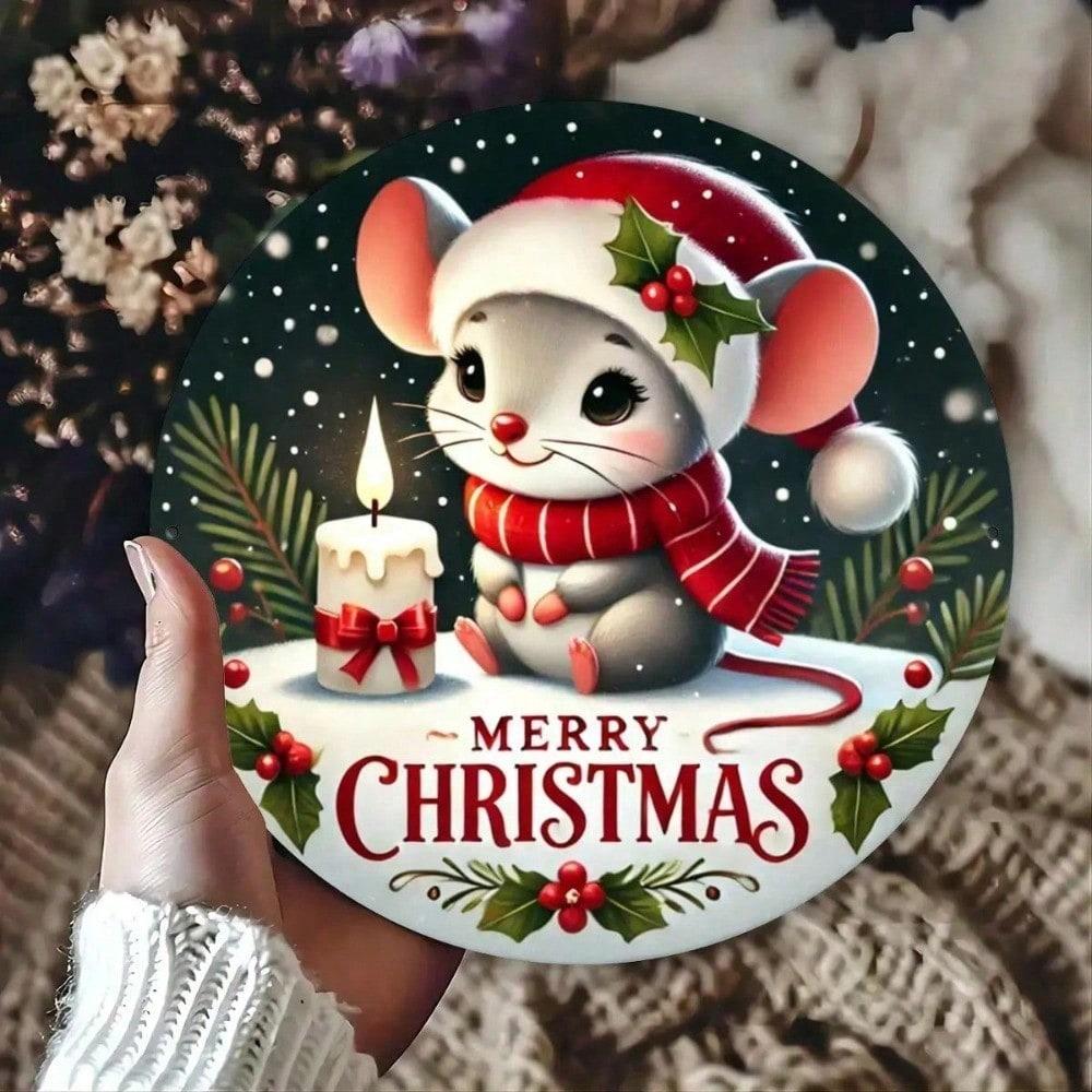 

Merry Blessings Mouse Metal Wall Art, Round Iron Sign 8x8 Inch with Santa Hat Scarf, Holiday 2D Home Decor 20x20 разноцветный