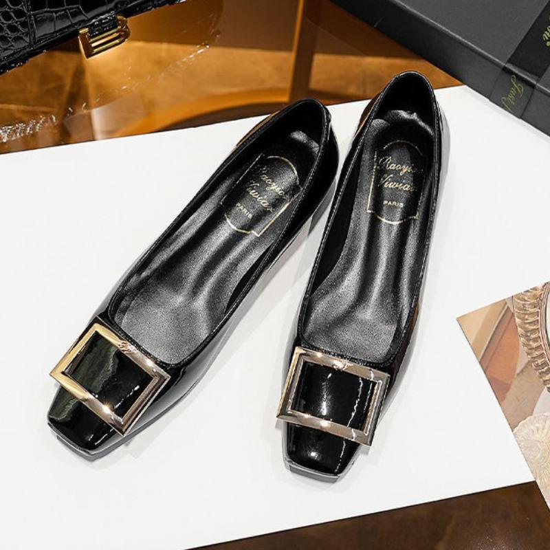 Patent Leather Block Heel Single Shoes Autumn New Square Toe Shallow Mouth Metal Square Buckle Soft Sole Non-slip Low Heel Shoes