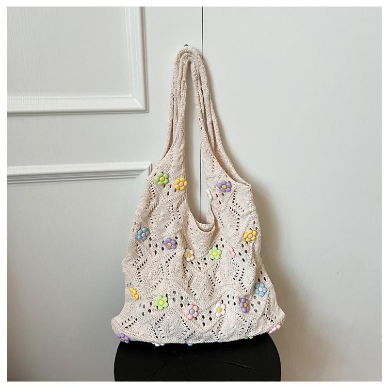 New Large-capacity Commuter Shoulder Bag Fashionable Pearl Tote Bucket Bag Casual Simple Knitted Bag Women