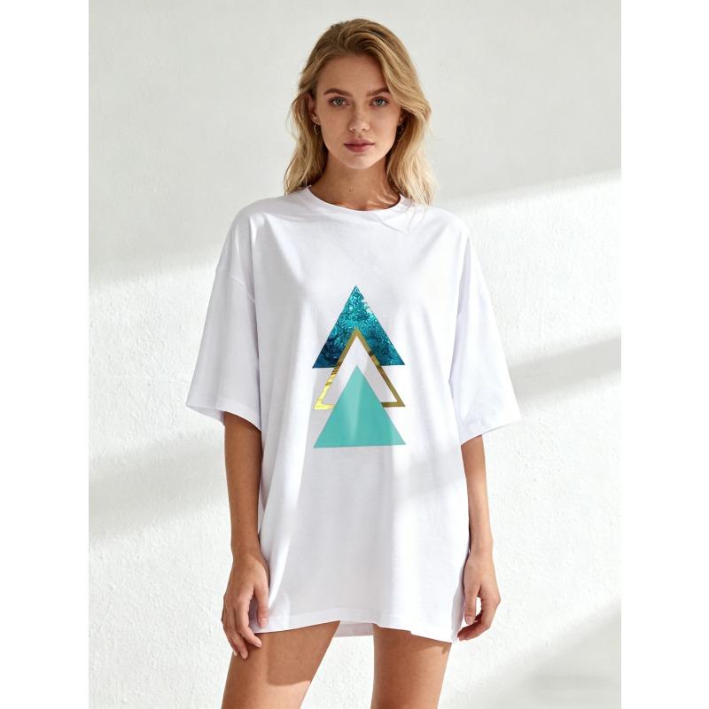 Oversized T Shirt Black Geometric Triangle Print Casual Wear For Women