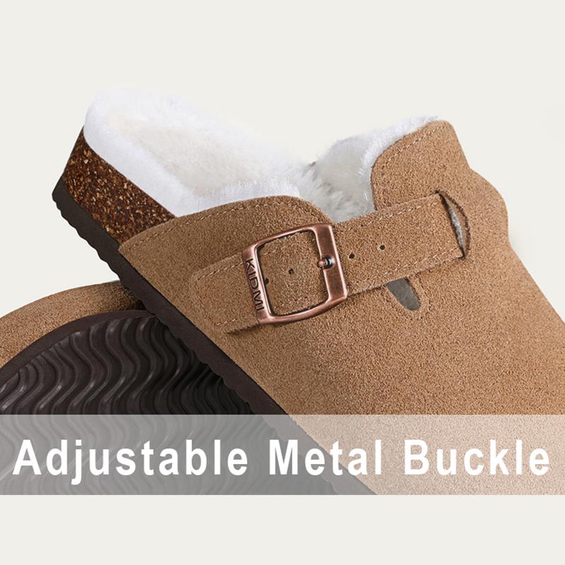 Fashion Kidmi Women's Slippers with Adjustable Metal Buckle Fashion Fur Lined Suede Clogs Cork Footbed Mules Slip On Winter Potato Shoes