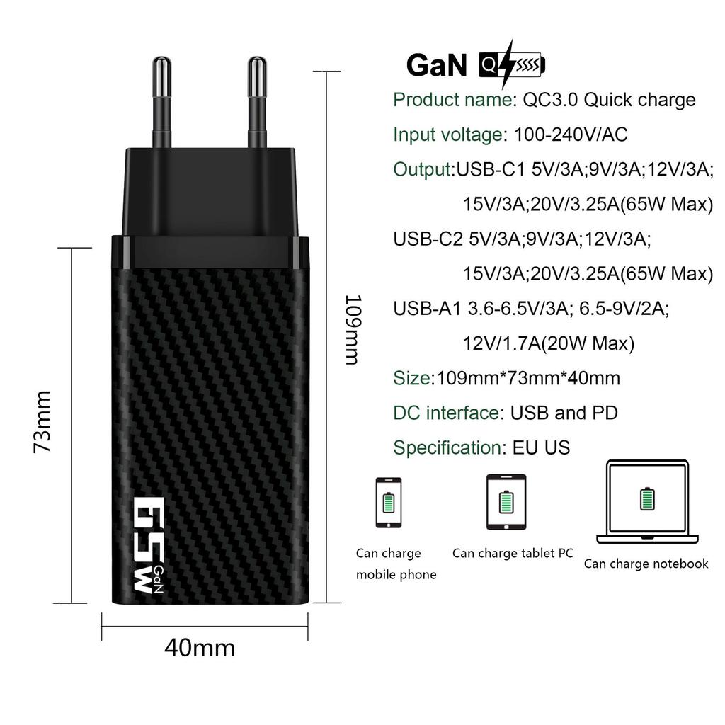 65W GaN Fast Charger: Gallium Nitride PD Adapter with EU, US, UK, AU, KR Compatibility for Mobile and Computer Devices