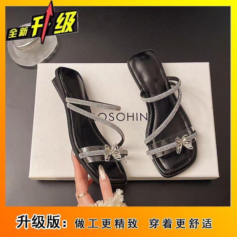 Fashion versatile and comfortable one-word slippers women's summer 2025 new rhinestone open-toed French temperament women's summer outer wear