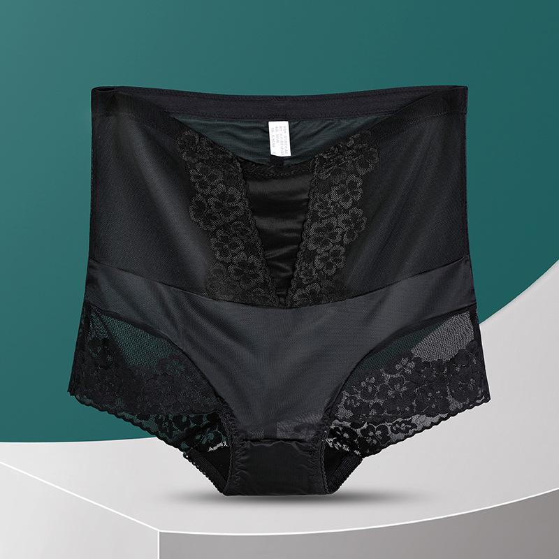 Plus Size Female Summer Hollowed-out Lace Ice Silk Sheer Mesh High Waist Tummy Tuck Panties