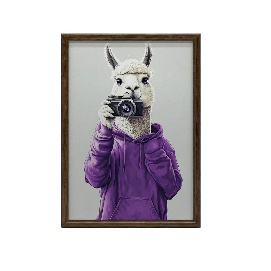 Plakat Lama W Fioletowym Hoodie Z Aparatem Plakat Lama W Fioletowym Hoodie Z Aparatem, 30X40 Cm, Bez Ramy, Płótno Premium Na Blejtramie