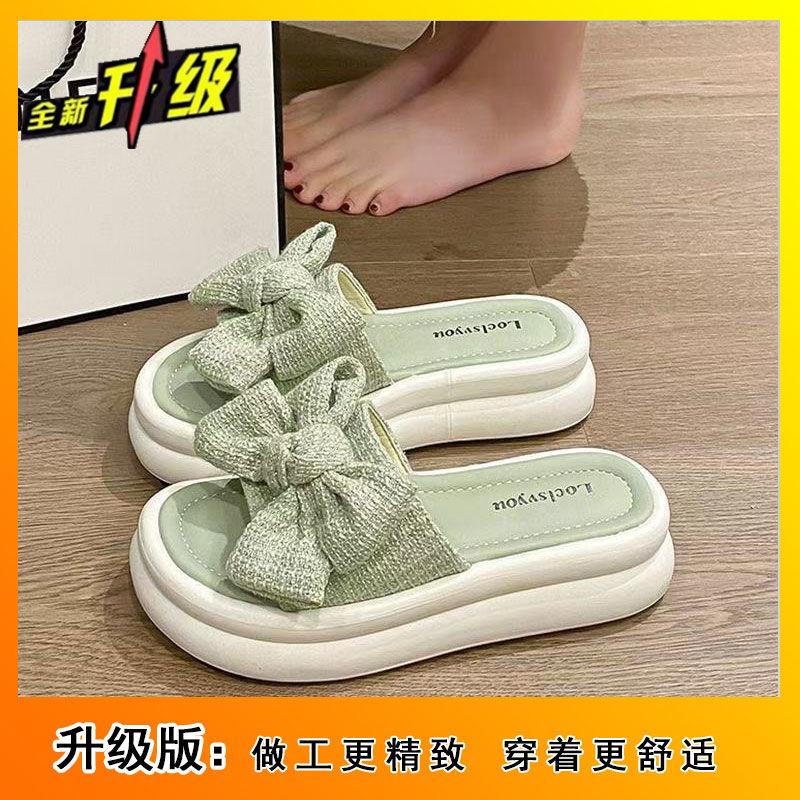 Bow Internet celebrity wearing versatile platform slippers 2025 new fairy style muffin non-slip beach sandals