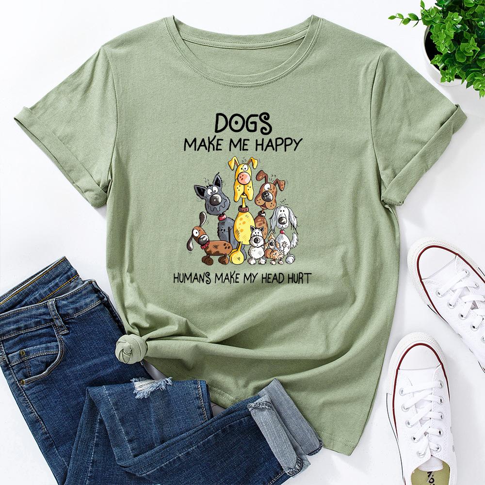 Dogs Make Me Happy Cotton T-Shirt Short Sleeve Round Neck Women 2d Print Tops